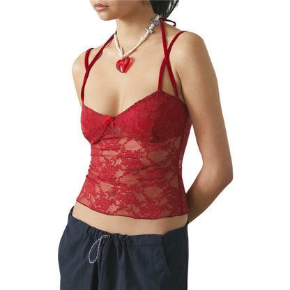 Tops de encaje Y2K para mujer, ropa estética, transparente, tirantes finos, sin mangas, camisola tipo halter, chaleco de los años 2000, ropa de calle