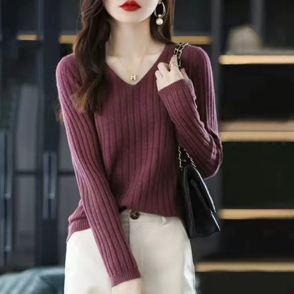 Suéter de mujer, jersey de manga larga de punto, cuello en V, suéter de moda para mujer, ropa básica de invierno para mujer, suéter liso OL DF4933