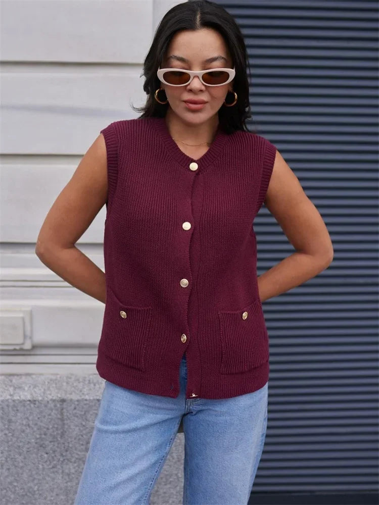 Casual Loose Sweater Cardigan Vestidos For Women Sleeveless Ribbed Cropped Pocket Commute Top Female Solid Cardigan Top