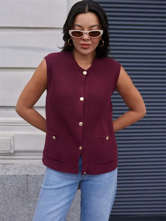 Suéter holgado informal tipo cárdigan para mujer, sin mangas, acanalado, con bolsillos cortos, para ir al trabajo, color liso