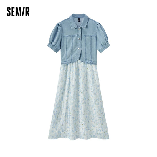 Dresses Women  Summer Floral Denim Two-Piece Dress Floral Design Denim Top And Skirt Vintage Dress Female