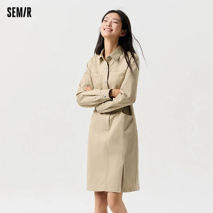Dress Women Slit Lapel Vintage 2025 Spring New Waist-cinching Workwear Dress