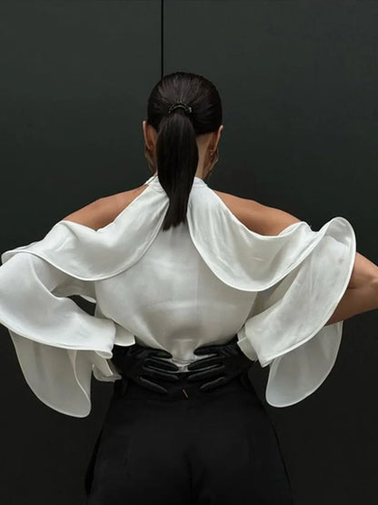 Elegant White Ruffle Halter Shirts Women Vintage Loose Hollow Out Single Breasted Blouses Female Autumn Chic High Street Tops