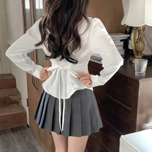 Camisa blanca de vendaje para mujer, ajustada, de manga larga, bonita, para uniforme escolar, blusa básica, cuello polo para mujer