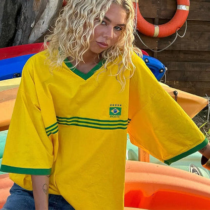 Camiseta holgada de manga corta con estampado de letras informal de cuello redondo para mujer de hip hop de Europa y Estados Unidos para primavera y verano