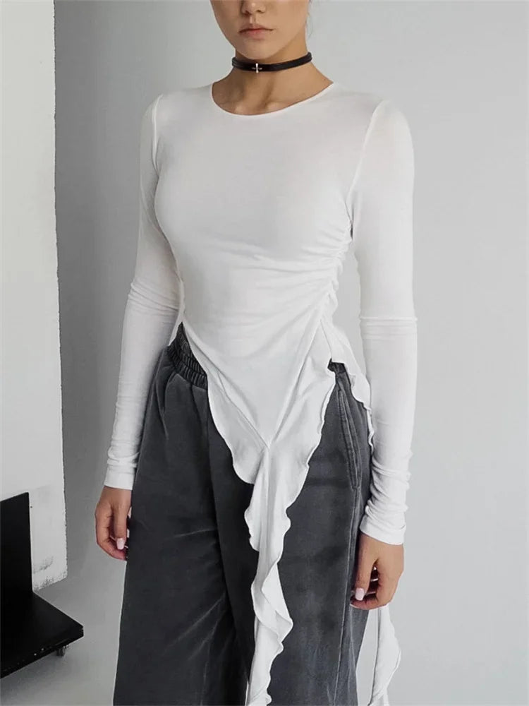 Camiseta de punto blanca ajustada para mujer, jersey con volantes y patchwork transparente, manga larga, top interior sexy Y2k, camiseta de punto para mujer