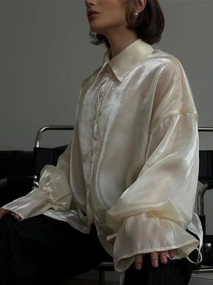 Camisas vintage lisas con mangas acampanadas y cuello alto para mujer, elegantes camisas con solapa y botonadura sencilla con cordones, blusas elegantes de calle para mujer