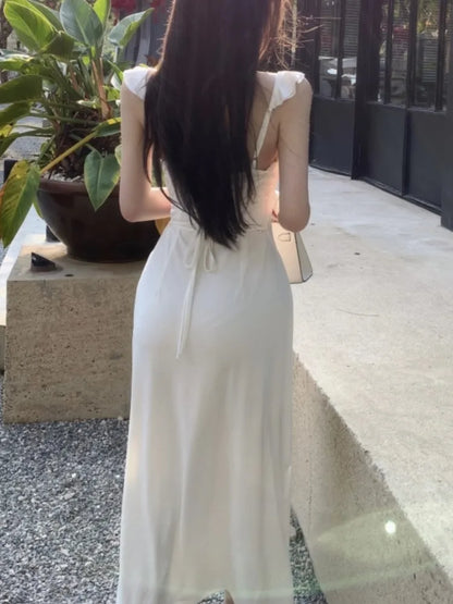 Vestidos de punto con tirantes finos para mujer, con cordones, ajustados, lisos, cuello cuadrado, elegantes, sexis, moda coreana, nuevos vestidos para mujer