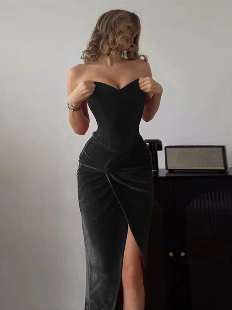 Sexy Velvet Solid Tube Long Dresses Women Vintage Slim Knot Slit Evening Dress Female Spring Elegant Chic Street Party Vestidos