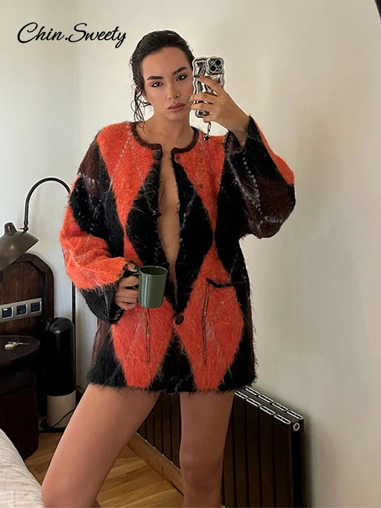 Suéter de punto de mohair con cuello redondo y contraste de colores para mujer, estampado geométrico, manga larga, holgado, de un solo pecho, prenda de punto para mujer, top que combina con todo