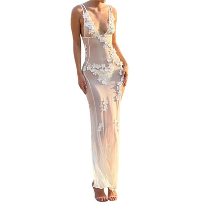 Sexy Dress for Women White Sheer See Through V Neck Sleeveless Bodycon Long Dresses 3D Flower Party Dresses Clubwear