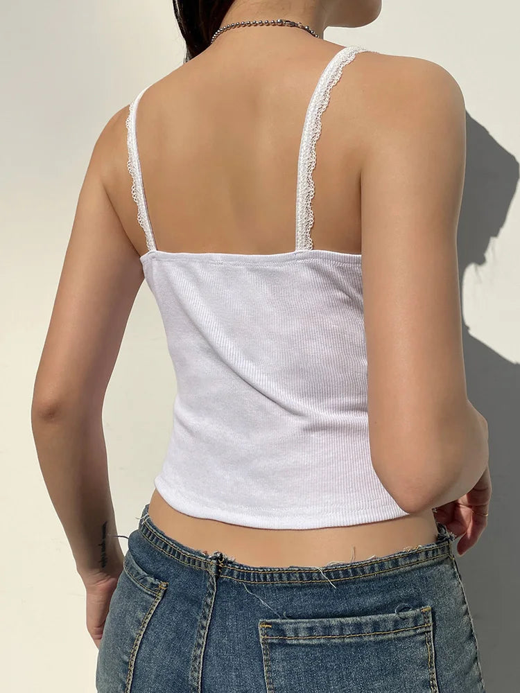 Camisola blanca ajustada con cuello cuadrado y encaje abotonado para mujer Y2K, top corto básico informal y bonito