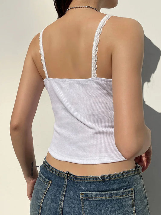 Camisola blanca ajustada con cuello cuadrado y encaje abotonado para mujer Y2K, top corto básico informal y bonito