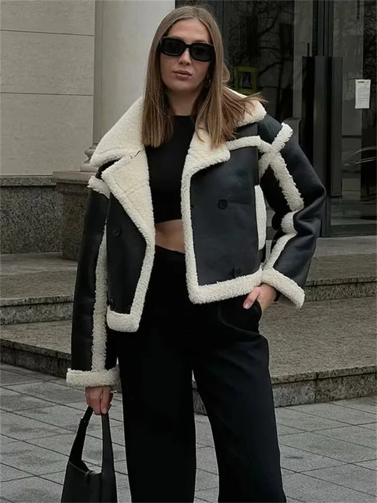 Suéter extragrande y esponjoso con solapa de PU para mujer, ropa de calle de moda con bolsillos de invierno y retazos, abrigo de lujo en contraste, nuevo