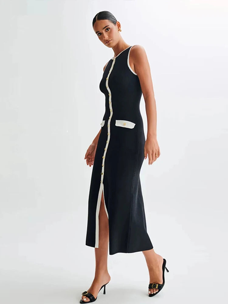 Elegant Single Breasted Knitted Maxi Dress Women Fashion O Neck Sleeveless Fake Pockets Dresses  New Lady High Street Robes