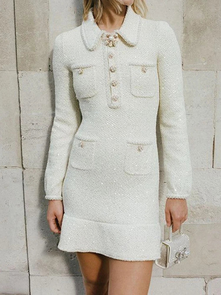 Elegante vestido corto estilo europeo de tweed con solapa y botones de cuentas, manga larga, moda para mujer, primavera-verano 2025 (9896)