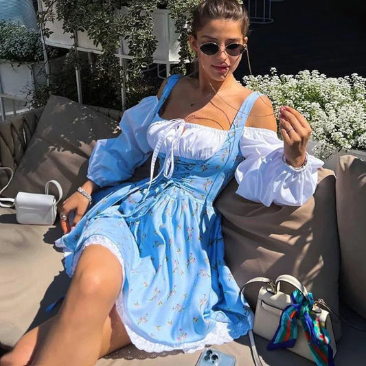 Vestido de fiesta de verano con mangas abullonadas y tirantes para mujer, dos piezas falsas con flores, sin tirantes, volantes, empalme, manga larga, con cordones