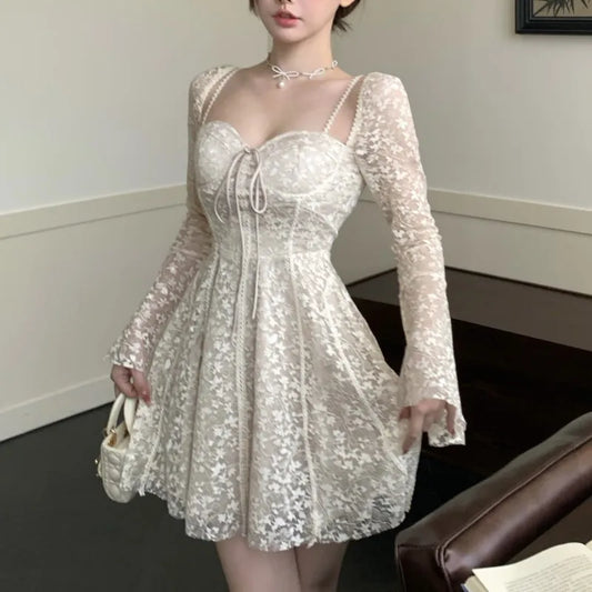 Minivestidos sexis de encaje para mujer, con mangas acampanadas, cuello cuadrado, corsé ajustado, corte A, para boda, fiesta de cumpleaños, vestidos de graduación Y2K