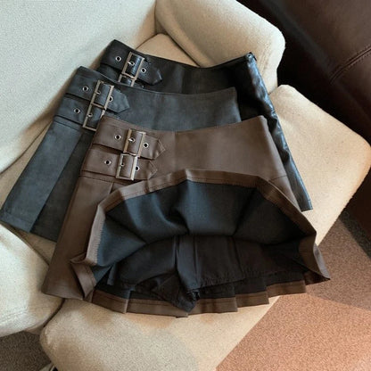 Minifaldas de piel sintética Y2K para mujer, estilo urbano, de cintura alta, plisadas, estilo vintage coreano, negras, ajustadas, informales, de corte A, tallas S-3XL