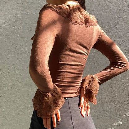 Camiseta marrón con cuello con volantes de encaje vintage Y2K, top ajustado de manga larga, elegante y con estilo de los años 2000, ropa de calle de otoño