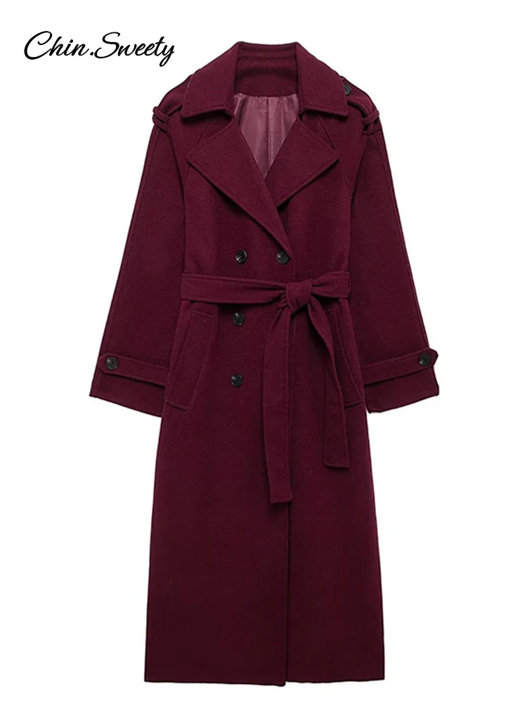 Abrigo cruzado burdeos y rojo de moda para mujer, con cordones, solapas sueltas, bolsillos, manga larga, nueva prenda de calle.