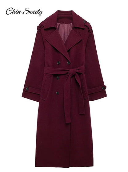 Abrigo cruzado burdeos y rojo de moda para mujer, con cordones, solapas sueltas, bolsillos, manga larga, nueva prenda de calle.