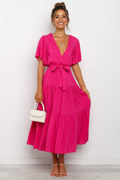 Vestidos largos con volantes de color liso de moda para mujer, sexys, con escote en V y mangas con volantes, vestido elegante con temperamento ahuecado para mujer, novedad de verano 2025