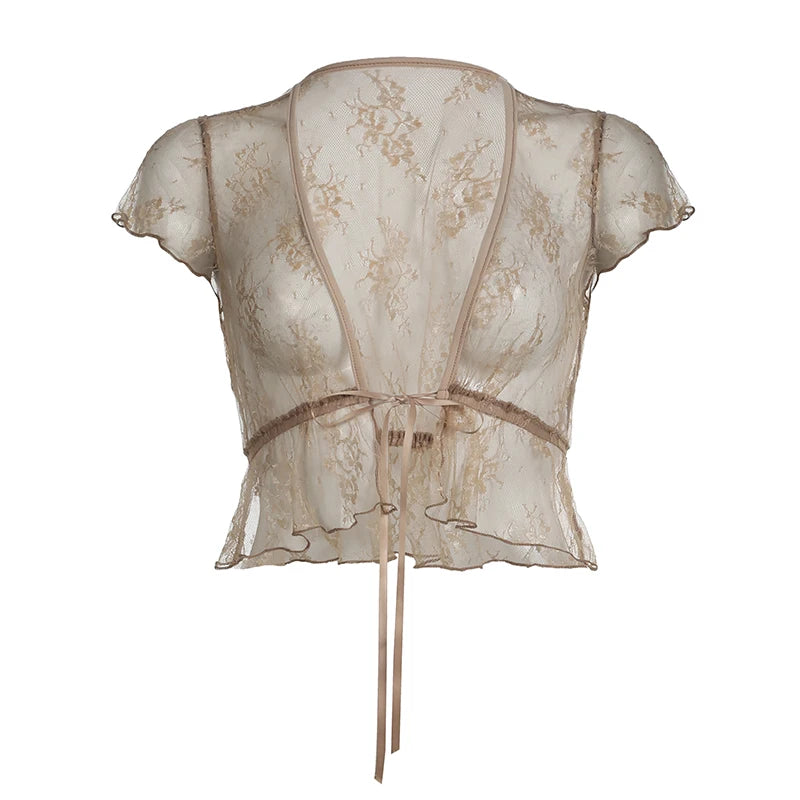 Cárdigan de encaje transparente, top marrón vintage, camiseta corta de manga corta, top informal Y2K con cordones y cuello en V, top bonito, ropa de calle