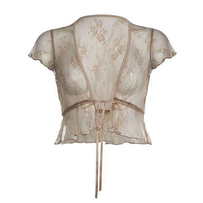 Cárdigan de encaje transparente, top marrón vintage, camiseta corta de manga corta, top informal Y2K con cordones y cuello en V, top bonito, ropa de calle