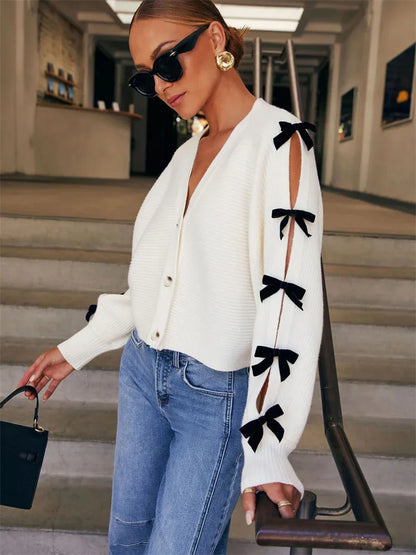 Suéter tipo cárdigan de punto con lazo para mujer, cuello en V, acanalado, calado, informal, con cordones en contraste, elegante, para mujer