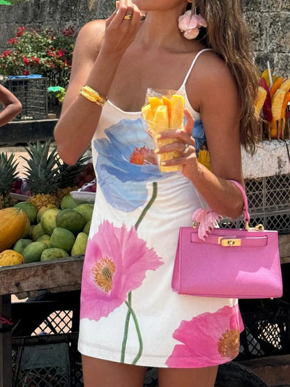Vestido bohemio romántico con estampado floral y espalda descubierta para mujer, sin mangas, sexy, de verano, con tirantes finos, corto