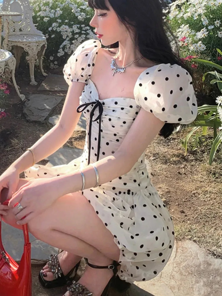 Vestido de fiesta de cumpleaños de lunares, hombros descubiertos, mangas abullonadas, corte A, minivestido para mujer, moda coreana, vestido de una pieza