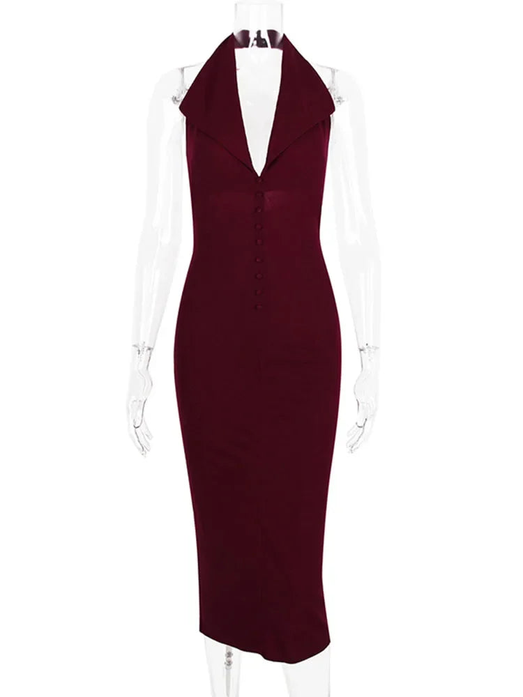 Halter V Neck Backless Split Dress Women’s Fashion Bodycon Sleeveless Sexy Long Dress Autumn New Slinky Waist Vest Dress