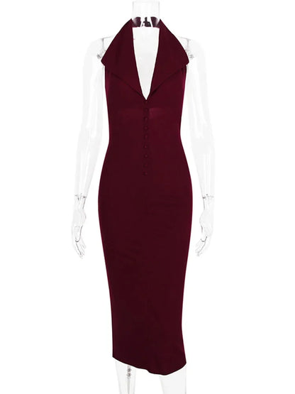 Halter V Neck Backless Split Dress Women’s Fashion Bodycon Sleeveless Sexy Long Dress Autumn New Slinky Waist Vest Dress