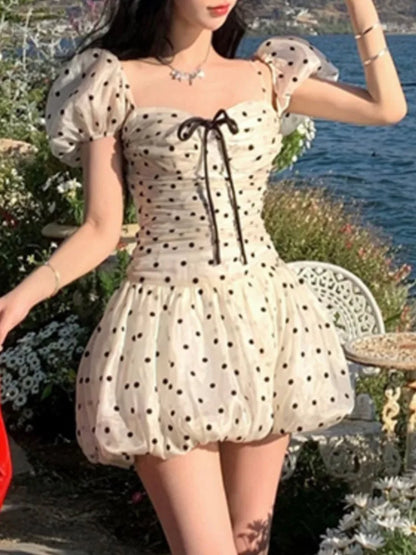 Vestido de fiesta de cumpleaños de lunares, hombros descubiertos, mangas abullonadas, corte A, minivestido para mujer, moda coreana, vestido de una pieza