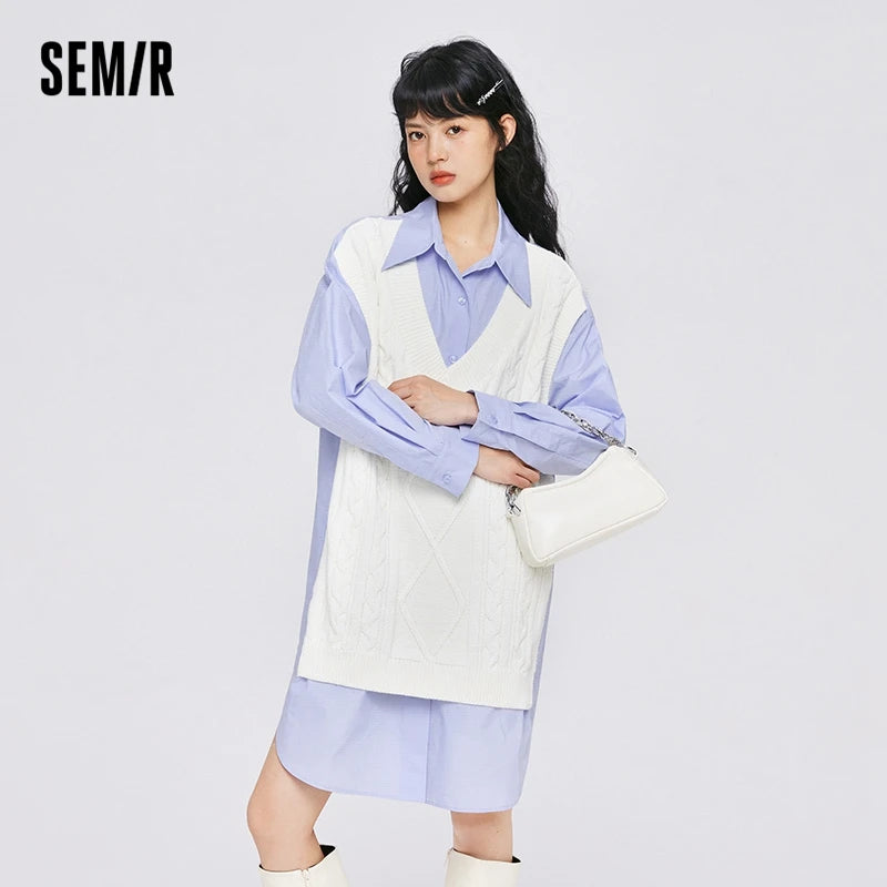 Dress Women Pointed Collar Stitching Fake Two-Piece Split  Autumn New Oversize Literary Dress Gentle