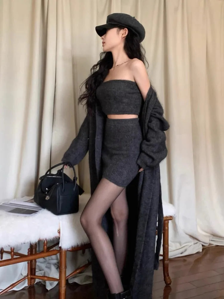 Conjunto de falda de punto de 3 piezas para mujer, cárdigan largo liso sin tirantes, minifalda Y2K, prenda de punto elegante coreana, otoño e invierno, nuevo