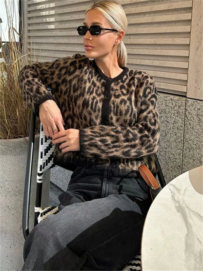 Suéter tipo cárdigan de leopardo para mujer, con estampado de moda en contraste, holgado, de manga larga, para ir al trabajo, cárdigan de otoño para mujer