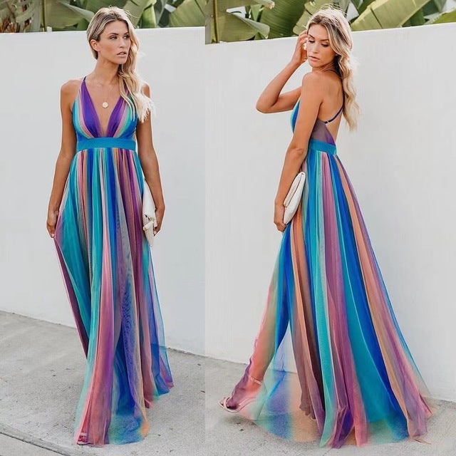 Vestidos de gasa arcoíris con tirantes finos para mujer, sexys, con escote en V profundo y espalda descubierta, largos, elegantes, a la moda, para fiestas de noche.