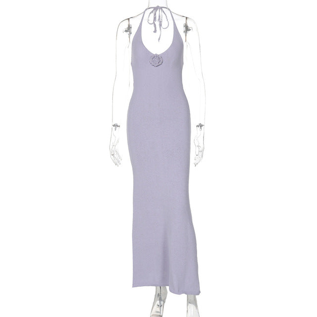 Vestido maxi sexy floral con cuello en V y cuello halter para mujer, elegante vestido de punto largo ajustado sin mangas con tirantes finos y espalda descubierta