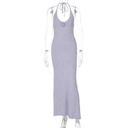 Vestido maxi sexy floral con cuello en V y cuello halter para mujer, elegante vestido de punto largo ajustado sin mangas con tirantes finos y espalda descubierta