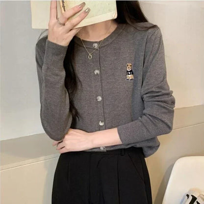 Cárdigan de punto para mujer, jersey coreano de manga larga con una hilera de botones, cárdigan elegante de cuello redondo, prendas de vestir exteriores para primavera y otoño