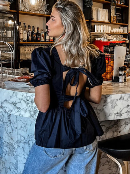 Camisas vintage con mangas abullonadas y cordones para mujer, camisa elegante lisa sin espalda con cuello cuadrado, blusas de calle de moda dulce de verano para mujer
