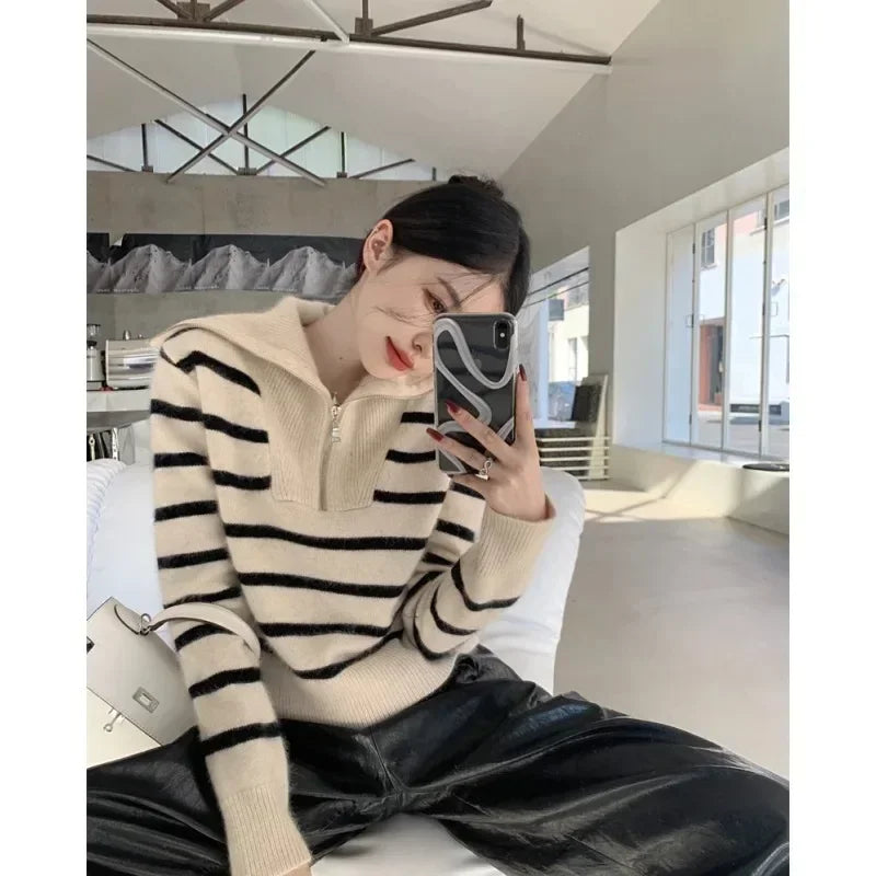 Women’s Autumn Winter New Fashion Retro Lapel Half Zipper Contrasting Stripes Sweater Casual Long Sleeved Loose Knitted Coat