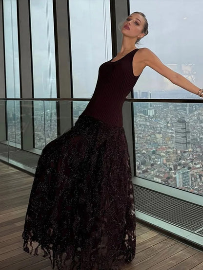 Elegant Knitted Sequin Long Dresses Women Vintage Glitter Solid O-neck Sleeveless Maxi Evening Dress Female Chic Street Party