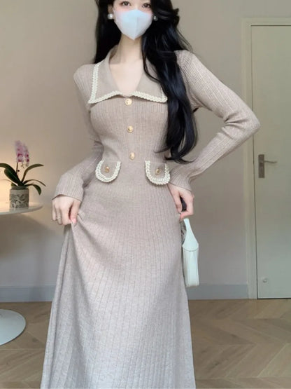 Vestidos de punto de otoño e invierno para mujer, cuello vuelto, moda coreana, corte en A, vestido liso informal, vestidos ajustados para mujer, nuevo