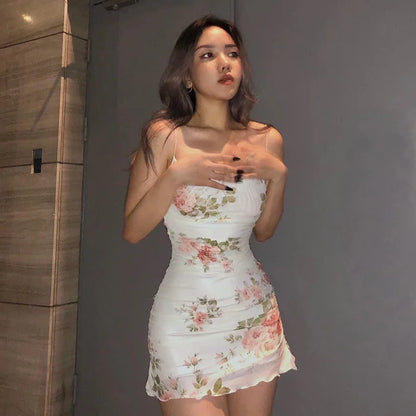 Vestido mini floral de los años 2000 para mujer, estilo Y2K, sin mangas, con volantes en el dobladillo, estilo kawaii, sexy, estilo hada.