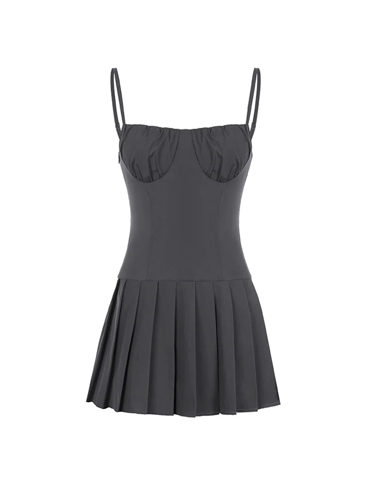 Vestidos plisados con tirantes finos, ajustados, sin mangas y acampanados para mujer, estilo dulce, ropa de verano