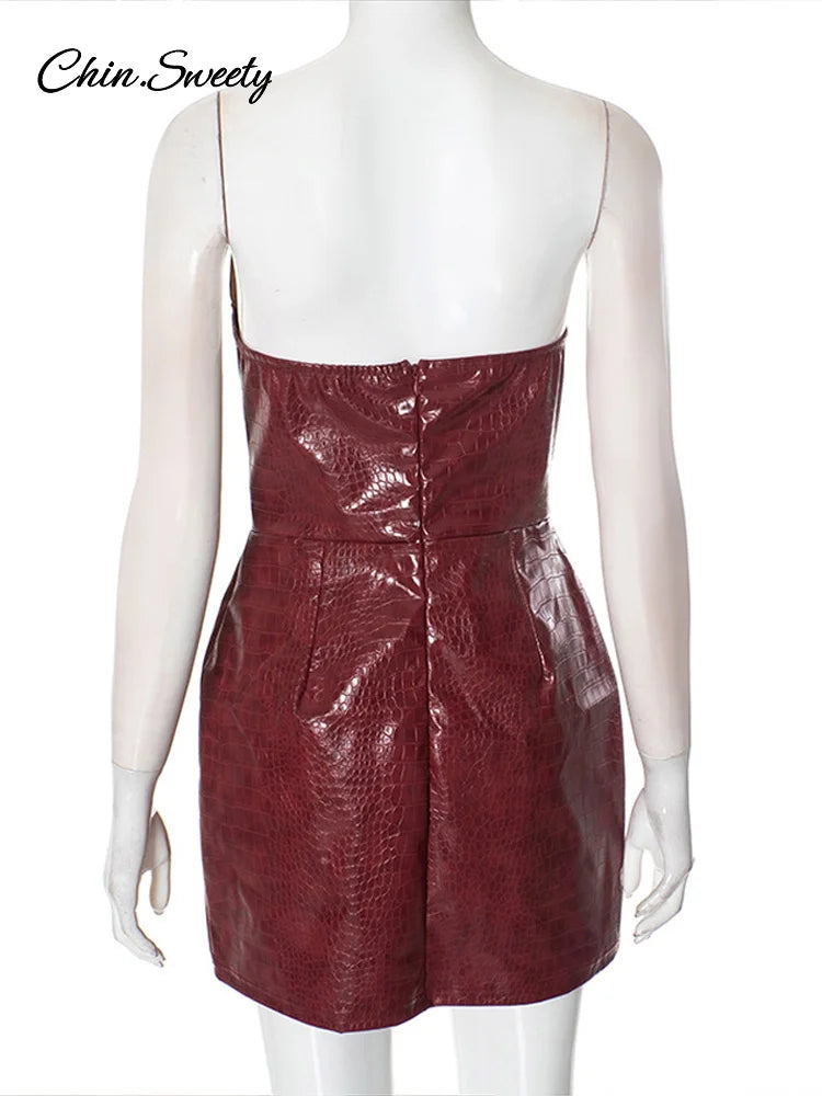 Vestido mini sexy de cuero burdeos sin tirantes para mujer, espalda descubierta, cintura alta, paquete de cadera, vestidos femeninos de verano 2025, ropa de club Y2K ajustada