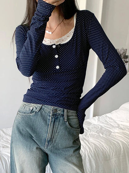 Camiseta de manga larga Y2K con estampado de lunares para mujer, con botones, cuello cuadrado y retazos de encaje en contraste, estilo kawaii japonés de los años 2000